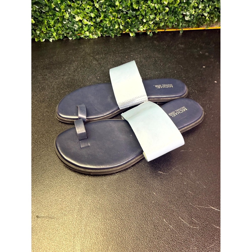 Michael Kors August Flat Sandals Womens 8.5M Light Blue Leather Toe Loop Slip On